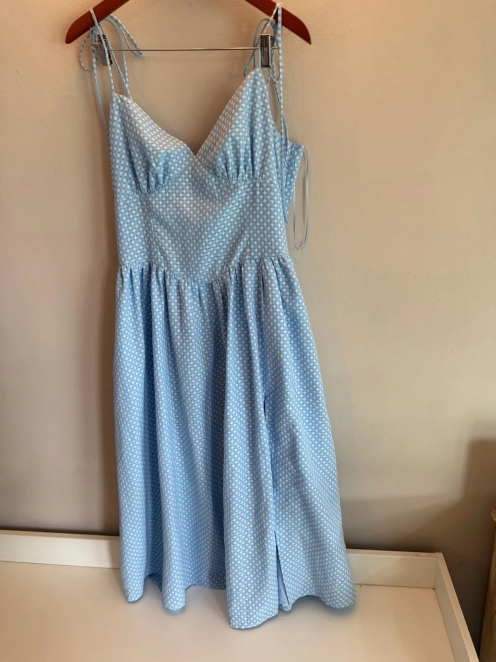 Lena Light Blue White Geometric Print Tie Strap Midi Dress XL Womens - Picture 1 of 6